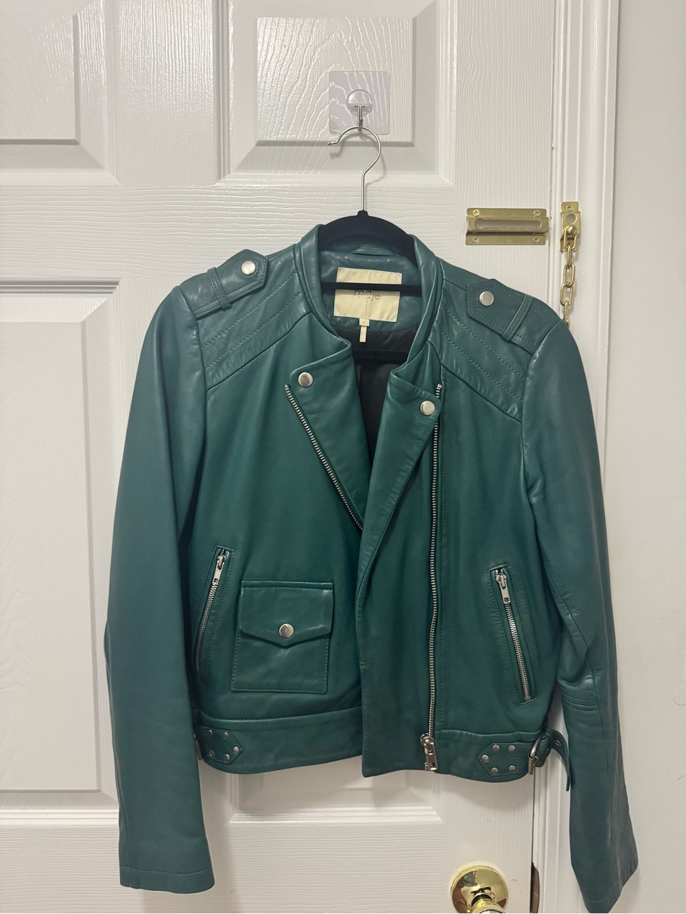 Maje Teal Leather Moto Jacket
